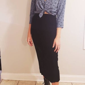 Vintage 1980s &quot;Norma Kamali&quot; Black Velvet Knee Length Pencil Skirt --Size Small or 2