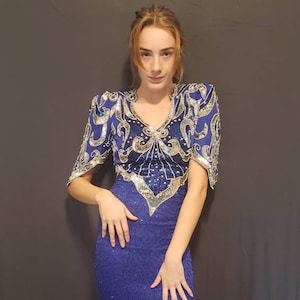 Vintage 1980s &quot;Party Time&quot; Blue Beaded Ball Gown - Size XS/2