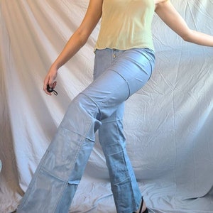 Vintage 1990s &quot;Rave&quot; Light Blue Patchwork Pleather Boot Cut Pants with Button Fly -Size 29