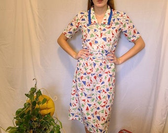 Vintage jaren 1980 "Southern Lady" Abstract Floral Patterned Jurk met bijpassende blauwe jas en Sjerp - Maat 4