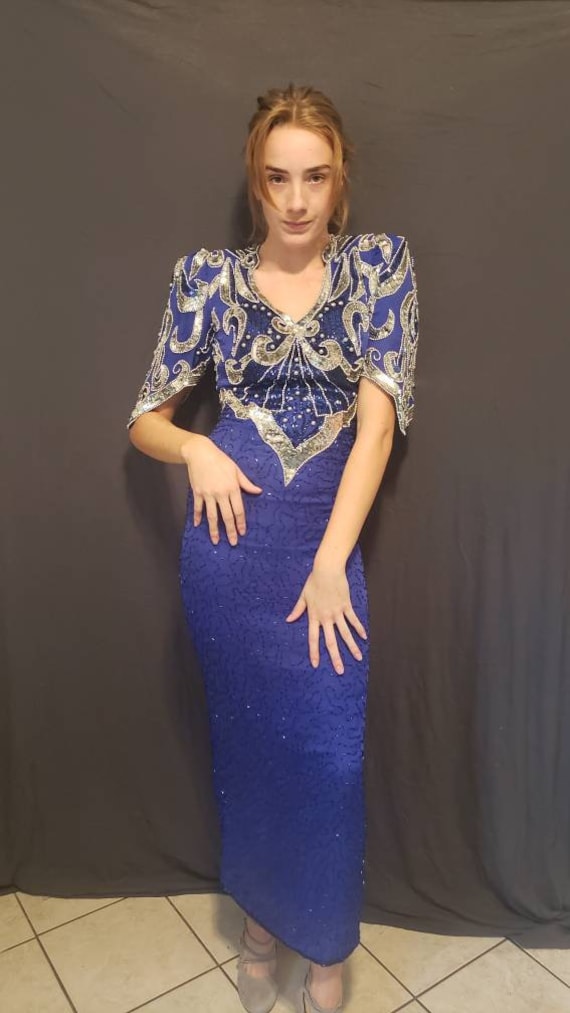 Vintage 1980s "Party Time" Blue Beaded Ball Gown -
