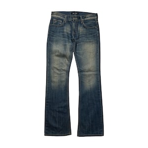 May include: Blue denim jeans with a faded wash and a slight bootcut. The jeans have a classic five-pocket design, a button and zipper closure, and belt loops. The denim has a worn appearance.