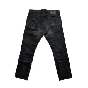 May include: Black denim jeans with a white embroidered Playboy bunny on the left back pocket and a white embroidered skull and crossbones on the right back pocket.