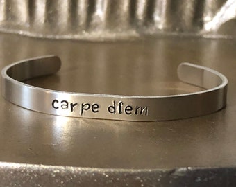 Carpe Diem Bru Hand Stamped Cuff Thin Stacking Bracelet Personalized Custom Order Adjustable Handmade Carpe Diem Bru Hand Stamped Cuff Thin Stacking Bracelet Personalized Custom Order Adjustable Handmade
