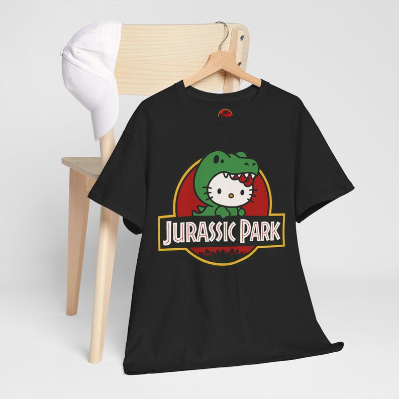 Hello Kitty Jurassic Park T-Shirt | Kawaii Dinosaur Mashup Tee | Cute Pink Graphic Shirt | Unisex Cotton Tee | Funny Movie Crossover Gift image 6