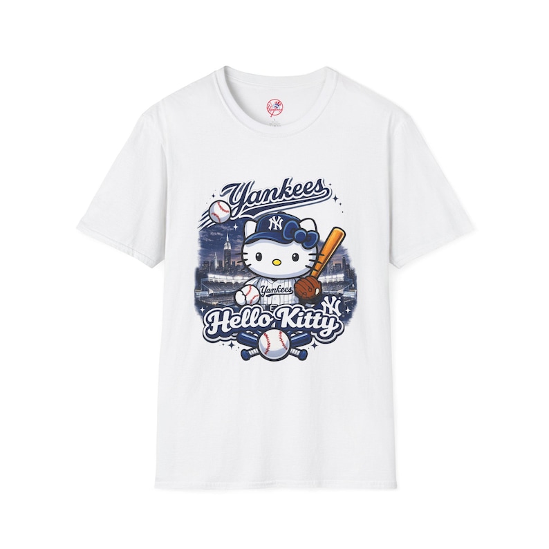 Hello Kitty Yankees Shirt | New York Baseball Tee | NYC Skyline Graphic T-Shirt | Cute Baseball Fan Apparel | Unisex Game Day Shirt image 1