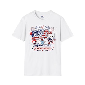 Chemise Hello Kitty 4 juillet, t-shirt indépendance américaine 250, t-shirt patriotique Sanrio, joli t-shirt feux d'artifice du 4 juillet, chemise rouge blanc bleu image 1