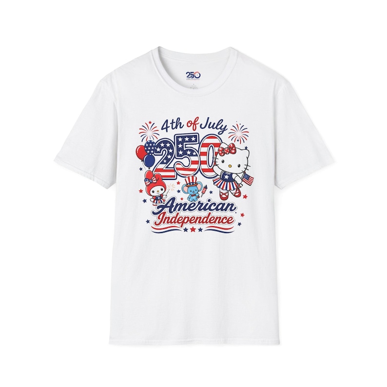 Chemise Hello Kitty 4 juillet, t-shirt indépendance américaine 250, t-shirt patriotique Sanrio, joli t-shirt feux d'artifice du 4 juillet, chemise rouge blanc bleu image 1