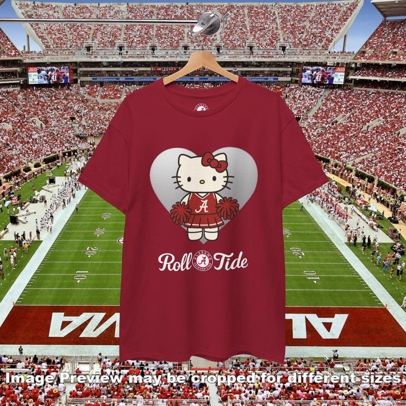 Koszulka Hello Kitty z Alabamy | Koszulka Roll Tide Cheer Tee | Koszulka kibica Crimson Tide | Koszulka futbolu uniwersyteckiego Kawaii | Odzież na mecz Alabamy zdjęcie 3