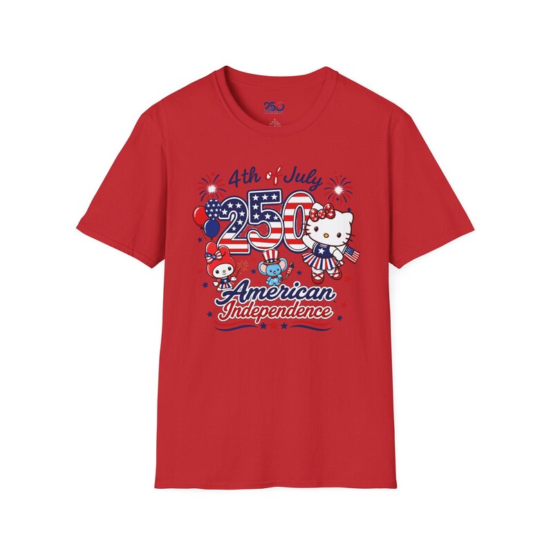 Chemise Hello Kitty 4 juillet, t-shirt indépendance américaine 250, t-shirt patriotique Sanrio, joli t-shirt feux d'artifice du 4 juillet, chemise rouge blanc bleu image 3