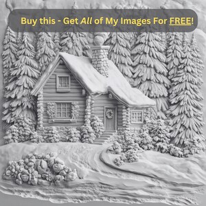 May include: A white, snowy, 3D relief sculpture of a log cabin in a forest. The cabin has a snow-covered roof, a wreath on the door, and windows. The forest is made up of pine trees. The sculpture is set against a white background.