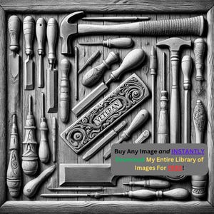 May include: A black and white image of a collection of vintage woodworking tools arranged in a wooden box. The tools include chisels, hammers, screwdrivers, and a wooden ruler with the word "Veteran" carved into it.