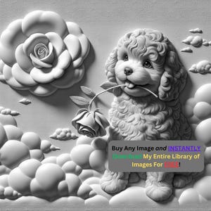 May include: A 3D rendering of a white poodle puppy holding a white rose in its mouth. The puppy is sitting on a cloud with a white rose behind it. The text "Buy Any Image and INSTANTLY Download My Entire Library of Images For FREE!" is in the lower right corner of the image.