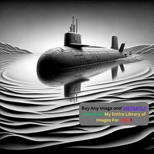 May include: Black and white illustration of a submarine floating on water. The submarine has a detailed exterior with various structures on top. The water's surface shows ripples and reflections, with a mountainous background. The image includes text.