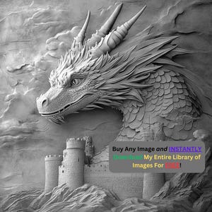 Immagine di drago mitologico File di masterizzazione tagliato al laser / Download digitale di bestia della torre medievale Fantasy / Grafica di illusione 3D PNG Foto Glowforge Slate