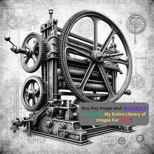 May include: A detailed black and white illustration of a vintage industrial machine with gears and a large wheel. The machine is set against a background of technical drawings.
