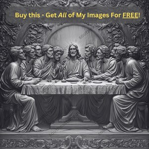 May include: A black and white relief sculpture depicting the Last Supper. Jesus sits at the center of the table with 12 disciples seated around him. The sculpture is carved in a realistic style and features intricate details.