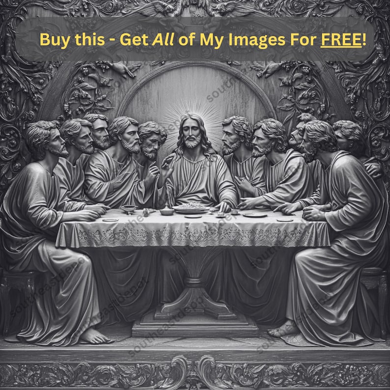 May include: A black and white relief sculpture depicting the Last Supper. Jesus sits at the center of the table with 12 disciples seated around him. The sculpture is carved in a realistic style and features intricate details.