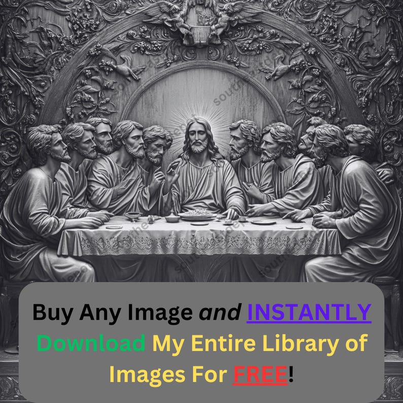 May include: A black and white relief sculpture depicting the Last Supper. Jesus is seated at the center of the table with his disciples surrounding him. The sculpture is framed by a decorative border.