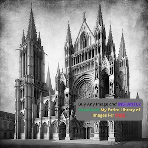 Pode incluir: Fotografia a preto e branco de uma grande catedral gótica adornada com uma alta torre pontiaguda. A catedral tem muitos detalhes intrincados, incluindo gárgulas, vitrais e arcos. A foto tem um aspeto vintage e texturado.