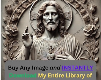 May include: A detailed, carved relief sculpture of Jesus Christ with a heart in his chest. The sculpture is surrounded by a floral design.