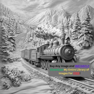 Berg Zug Bild Laserfertige Schnittdatei | Snow Valley Eisenbahn Digitaler Download | 3D Illusion Grafik PNG Foto für Glowforge Slate