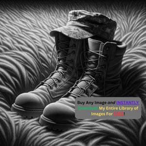 May include: A pair of black leather military boots with laces and a camouflage army hat on a gray furry surface.  Buy Any Image and INSTANTLY Download My Entire Library of Images For FREE!