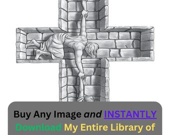 May include: A black and white illustration of a person reaching down from a stone cross to help another person up. The image is a religious illustration of a person helping another person in need.