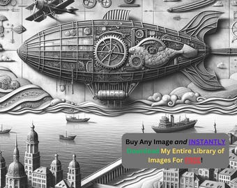 Steampunkowy sterowiec Obraz laserowo wycięty plik do wypalenia | Złożona sztuka vintage do pobrania | Grafika 3D iluzja PNG Zdjęcie Glowforge - 0336