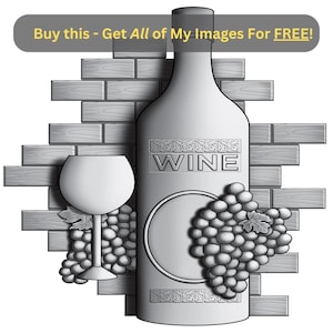 May include: A black and white illustration of a wine bottle with a glass and grapes. The bottle has the word "WINE" printed on it. The illustration is set against a brick wall background.