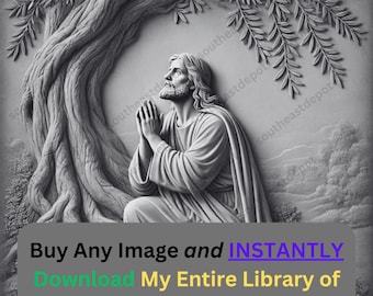 May include: A black and white image of a sculpture of Jesus praying under a tree. The sculpture is carved in a realistic style and shows Jesus with his head bowed in prayer. The tree is a large olive tree with many branches. The background is a simple, textured surface.