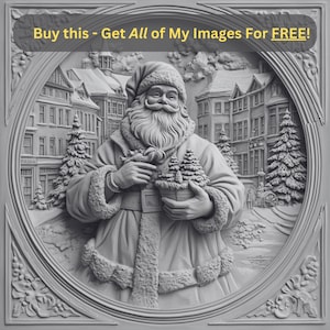 May include: A gray 3D relief sculpture of Santa Claus holding a basket of small Christmas trees. The sculpture is set against a background of a snowy village scene.
