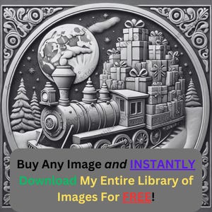 Imagen de tren de vapor grabada con láser / Escena navideña victoriana Descarga digital / Gráficos de ilusión 3D Fotografía PNG para Glowforge XTool