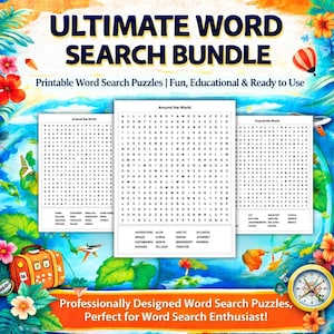 May include: A colorful graphic featuring the text "ULTIMATE WORD SEARCH BUNDLE" with word search puzzles. The image includes a suitcase, compass, and floral accents. The text "Printable Word Search Puzzles | Fun, Educational & Ready to Use" is also visible.