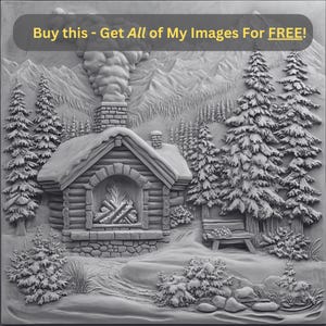 Blockhaus Kamin Bild Laser Brennen Datei | Winter Mountain Schornstein digitaler Download | 3D Illusion Grafik PNG Foto für Glowforge