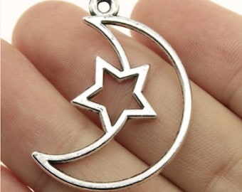 10pcs Moon and Star charms pendant---36x25mm Antique silver DIY jewelry handmade base material