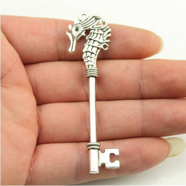 2PCS Hippocampus key charms pendant---72x20mm Antique silver DIY jewelry handmade base material