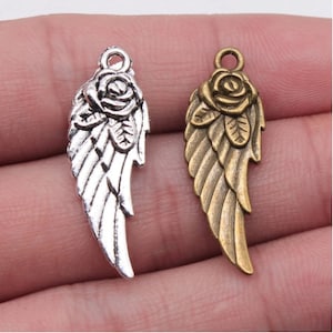 10 Stück Engelsflügel mit Blumen Charms Anhänger --- 30 x 12 mm Antik Silber / Antik Bronze DIY Schmuck handgefertigte Basis Material