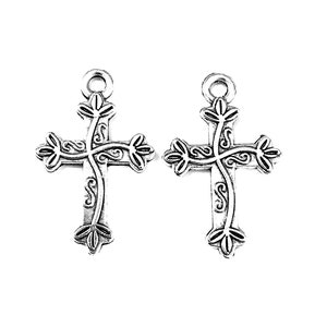 20pcs Cross with Flowers charms pendant---16x25mm Antique silver DIY jewelry handmade base material