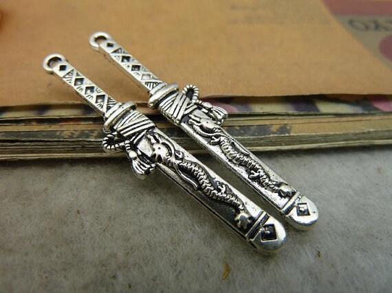 10pcs Sword With Dragon Charms Pendant 8x44mm Antique Silver DIY