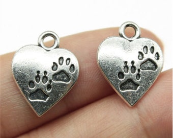 25pcs 17x13mm Antique Silver Paw Print Pendant Paw Love Heart Pendant Dog Paw Print Pendant Charm