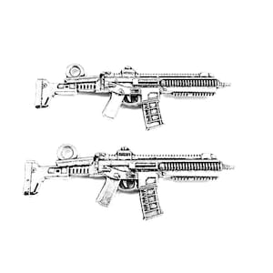 May include: Two silver-colored toy assault rifles. The rifles have a black magazine and a black barrel. The rifles are on a white background.