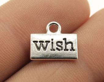 30 colgantes con dijes "Wish" de azulejos de traje, 13 x 11 mm, hechos a mano, de plata antigua. Material base para joyería DIY.