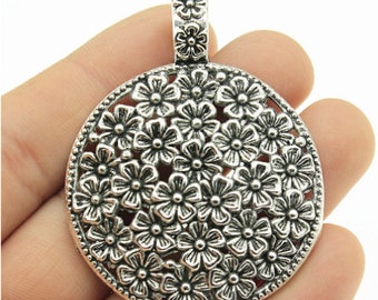 5pcs Big round flowers charms pendant 58x45mm antique silver DIY jewelry handmade base material