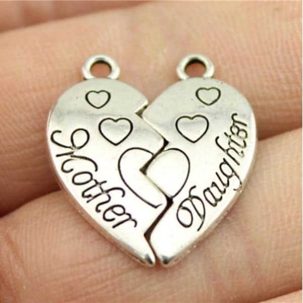 10sets Love heart  Mother and Daughter Jigsaw puzzle charms pendant---21x21mm Antique silver DIY jewelry handmade base material