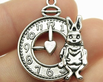 10 Stück Kaninchen Uhr Charme Anhänger --- 32x25mm antikem Silber DIY Schmuck handgemachtes Grundmaterial