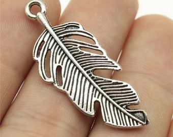 10PCS Feather charms pendant---40x16mm Antique silver DIY jewelry handmade base material