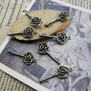 30pcs Rose Key Charms Pendant 11x27mm Antique Bronze DIY Jewelry Making