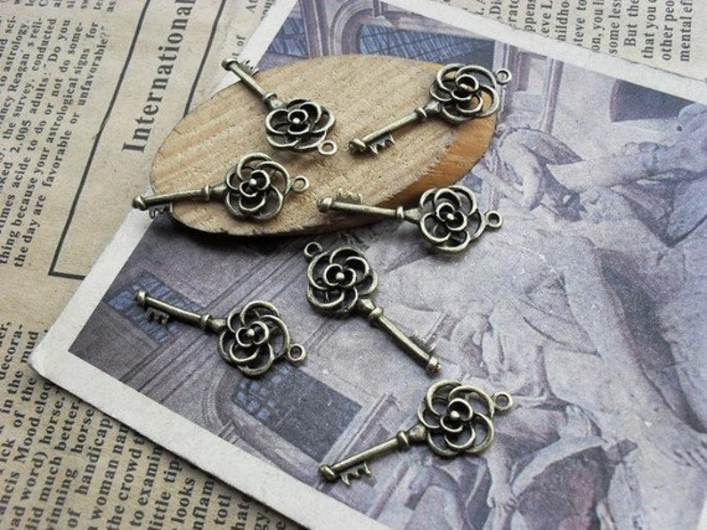 30pcs Rose Key Charms Pendant 11x27mm Antique Bronze DIY Jewelry Making image 1