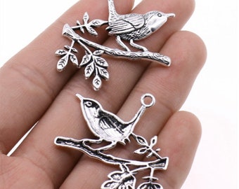 5pcs A bird standing on the branch charms pendant 35x42mm antique silver DIY jewelry handmade base material